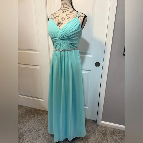 NWOT David’s Bridal Aqua with Rhinestone Belt Bridesmaid Dress - Picture 2 of 16